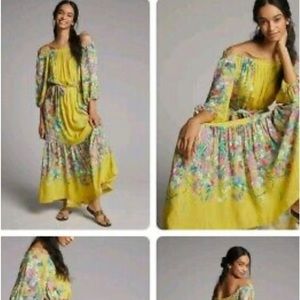 Anthropologie Women's Eliora Yellow Floral  Off-Shoulder Ruffled Maxi Dress